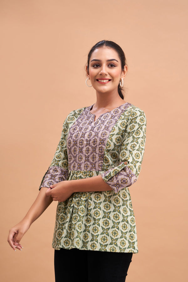Ethnic Motifs Printed Gathers Cotton Tunic