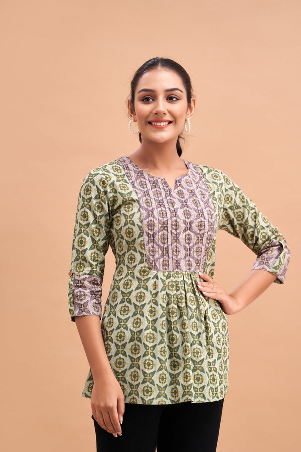 Ethnic Motifs Printed Gathers Cotton Tunic
