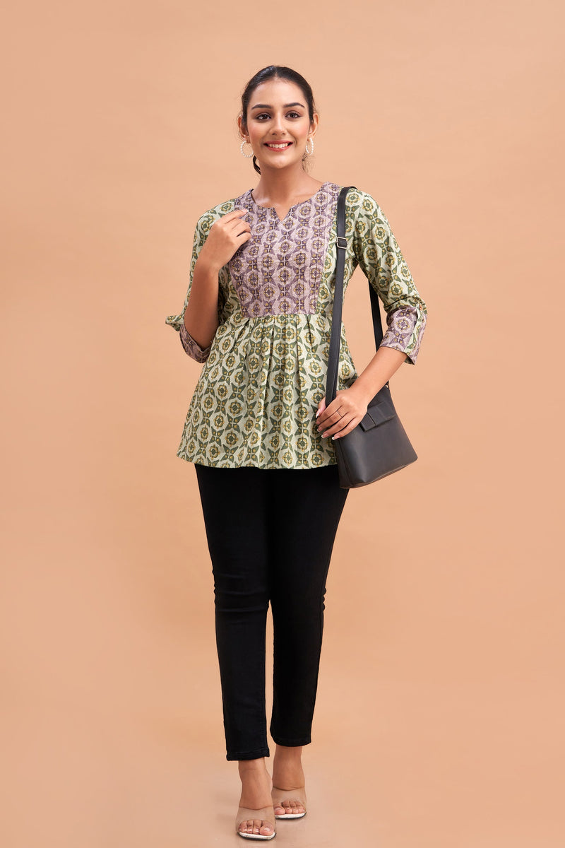 Ethnic Motifs Printed Gathers Cotton Tunic