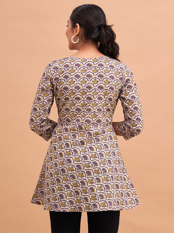 Floral Printed V-Neck Pure Cotton Angrakha A-Line Kurti
