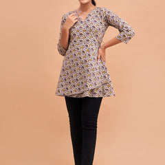 Floral Printed V-Neck Pure Cotton Angrakha A-Line Kurti