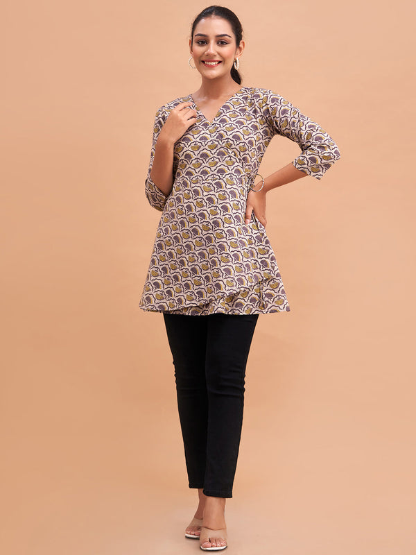 Floral Printed V-Neck Pure Cotton Angrakha A-Line Kurti