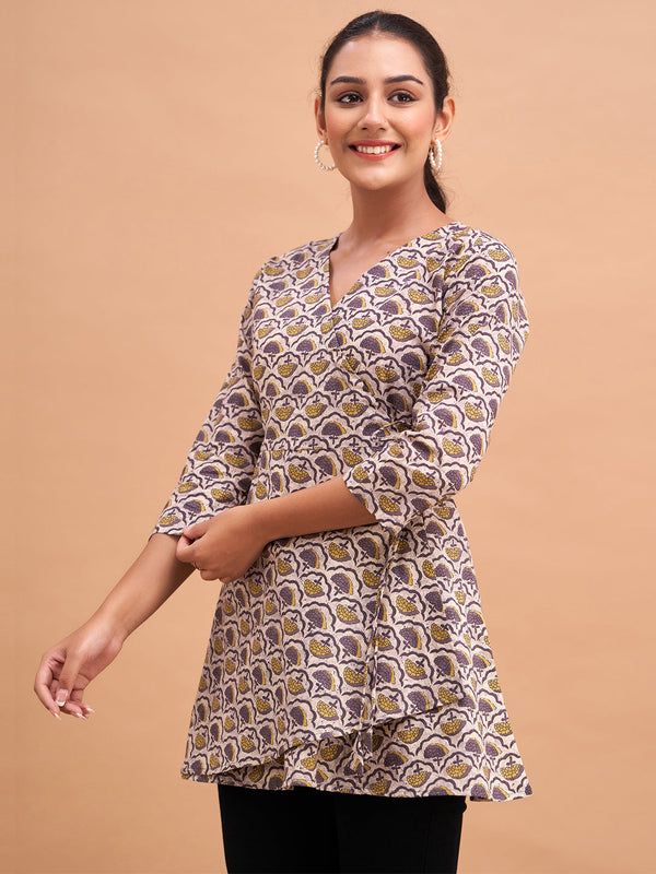 Floral Printed V-Neck Pure Cotton Angrakha A-Line Kurti