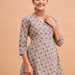 Floral Printed V-Neck Pure Cotton Angrakha A-Line Kurti
