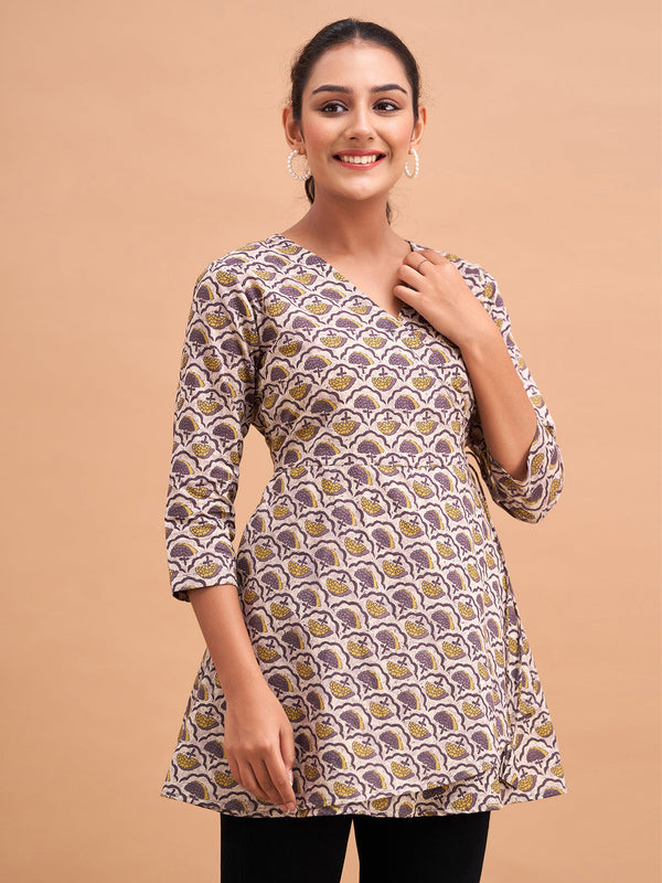Floral Printed V-Neck Pure Cotton Angrakha A-Line Kurti