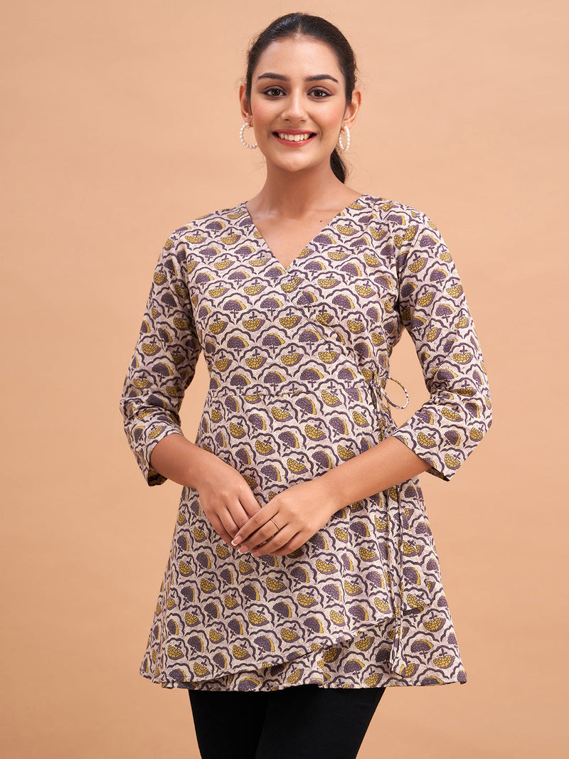 Floral Printed V-Neck Pure Cotton Angrakha A-Line Kurti