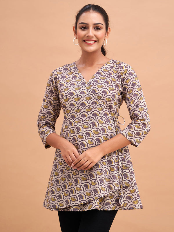 Floral Printed V-Neck Pure Cotton Angrakha A-Line Kurti