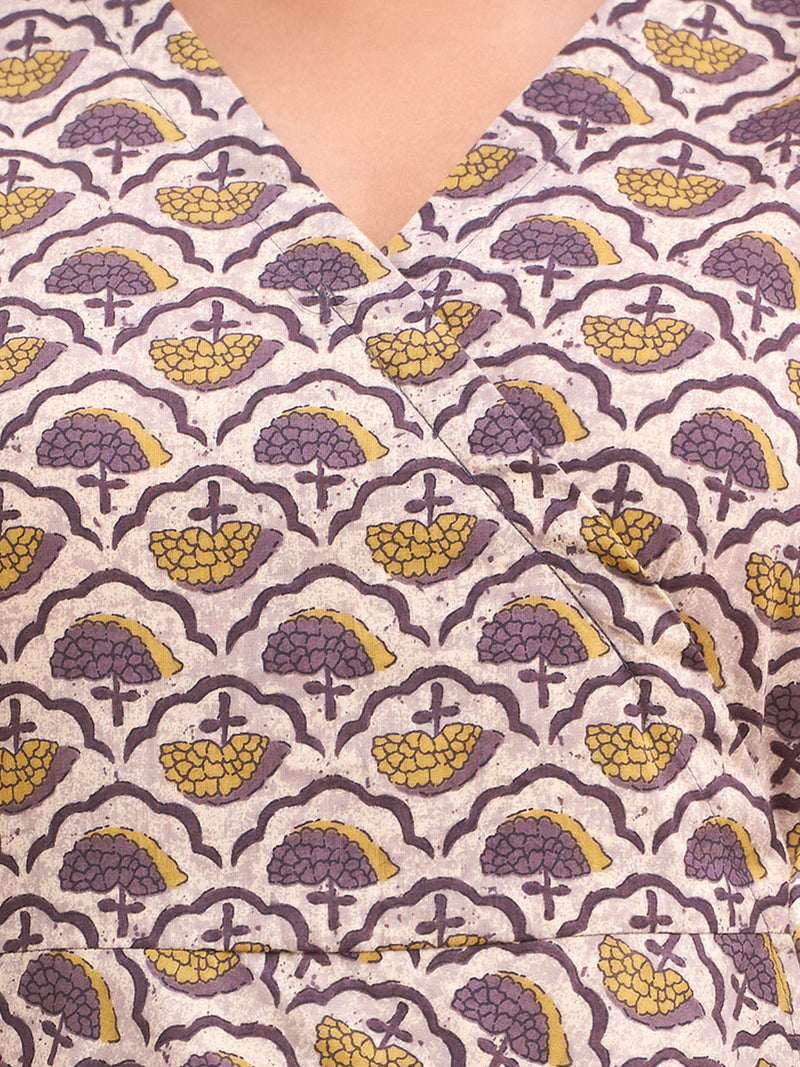 Floral Printed V-Neck Pure Cotton Angrakha A-Line Kurti