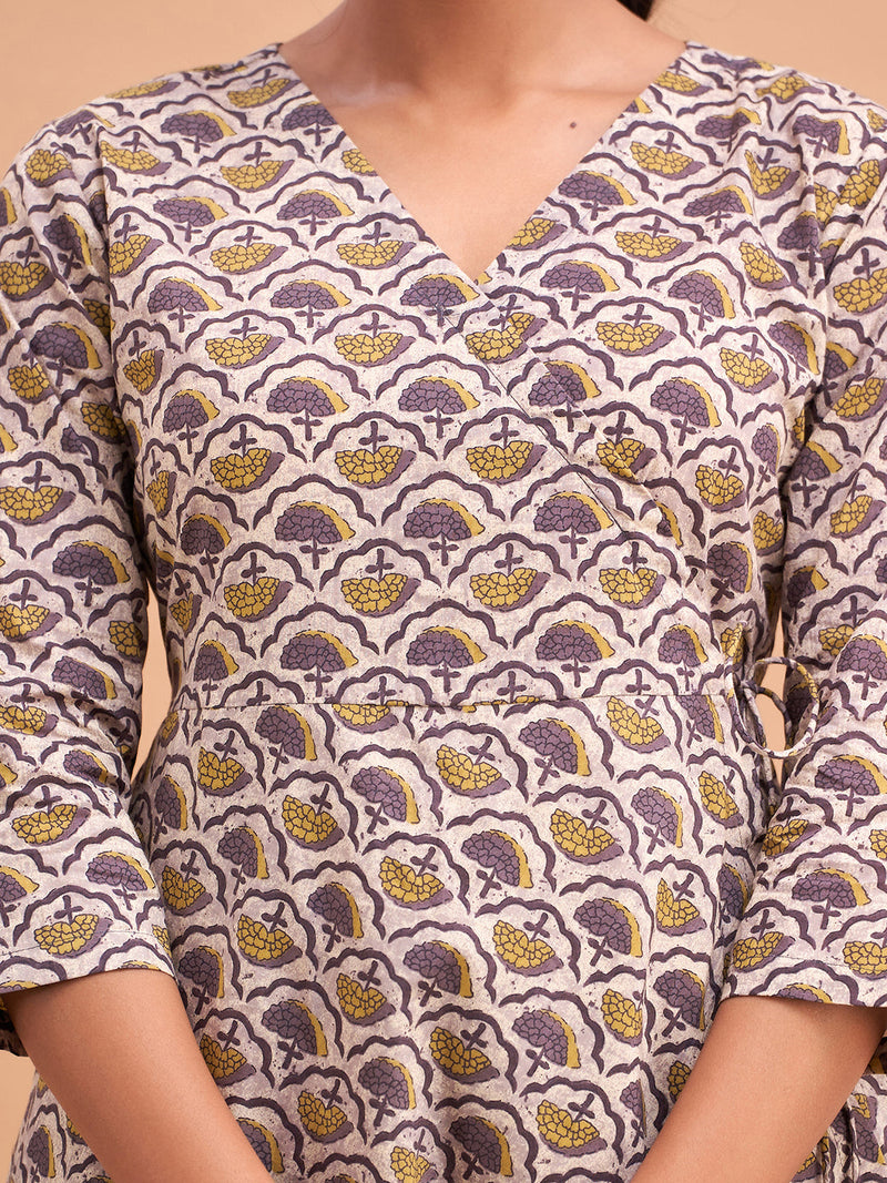 Floral Printed V-Neck Pure Cotton Angrakha A-Line Kurti