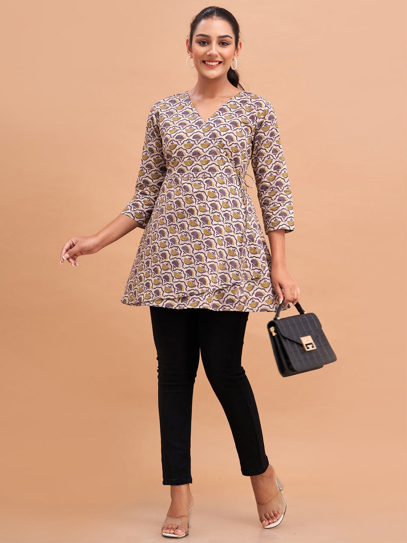 Floral Printed V-Neck Pure Cotton Angrakha A-Line Kurti