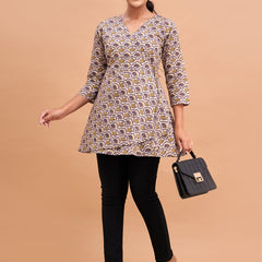 Floral Printed V-Neck Pure Cotton Angrakha A-Line Kurti