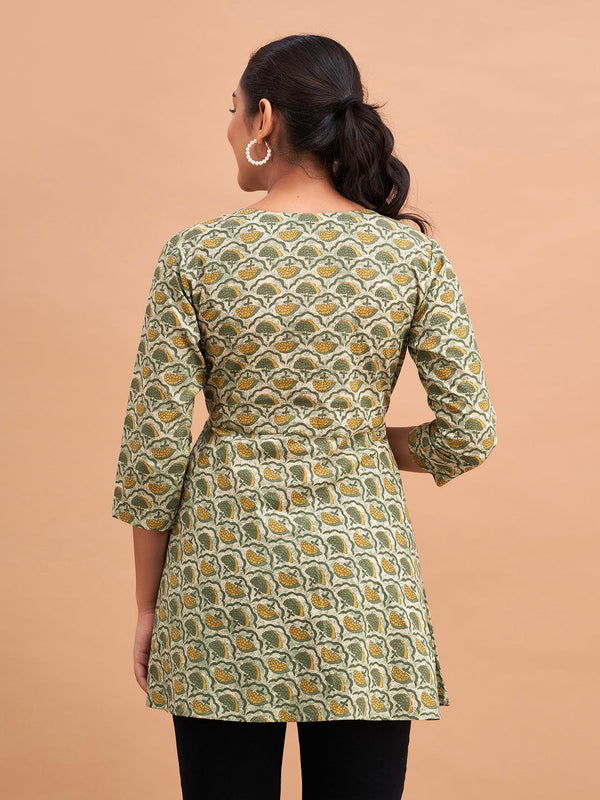 Floral Printed V-Neck Pure Cotton Angrakha A-Line Kurti