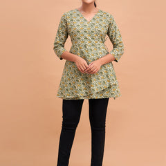 Floral Printed V-Neck Pure Cotton Angrakha A-Line Kurti