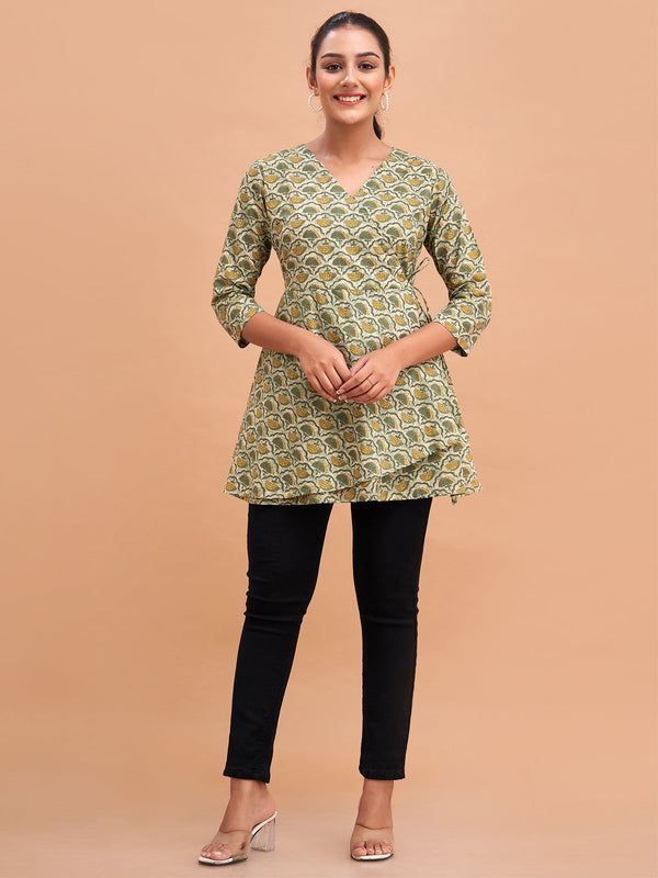 Floral Printed V-Neck Pure Cotton Angrakha A-Line Kurti