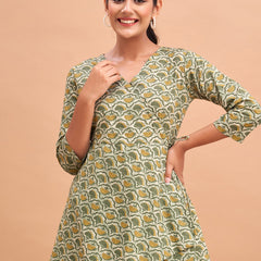 Floral Printed V-Neck Pure Cotton Angrakha A-Line Kurti