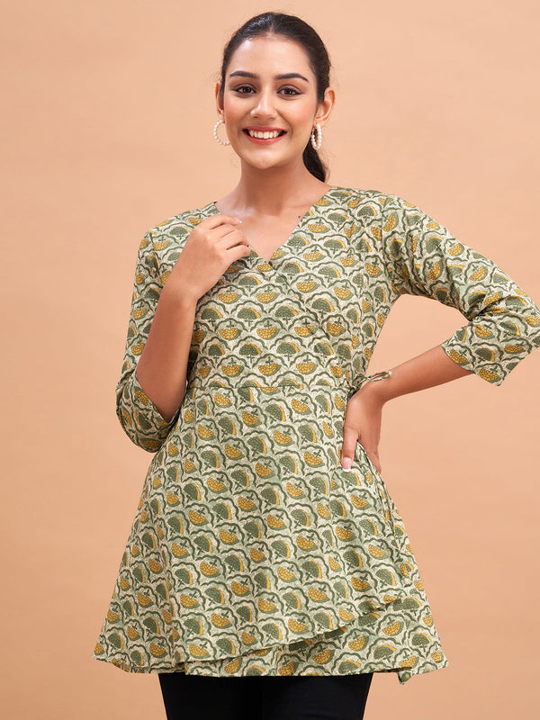 Floral Printed V-Neck Pure Cotton Angrakha A-Line Kurti