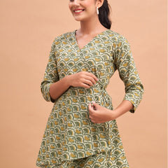 Floral Printed V-Neck Pure Cotton Angrakha A-Line Kurti