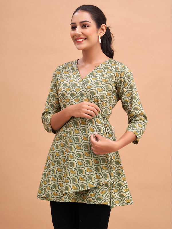 Floral Printed V-Neck Pure Cotton Angrakha A-Line Kurti