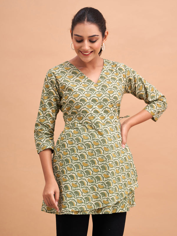 Floral Printed V-Neck Pure Cotton Angrakha A-Line Kurti