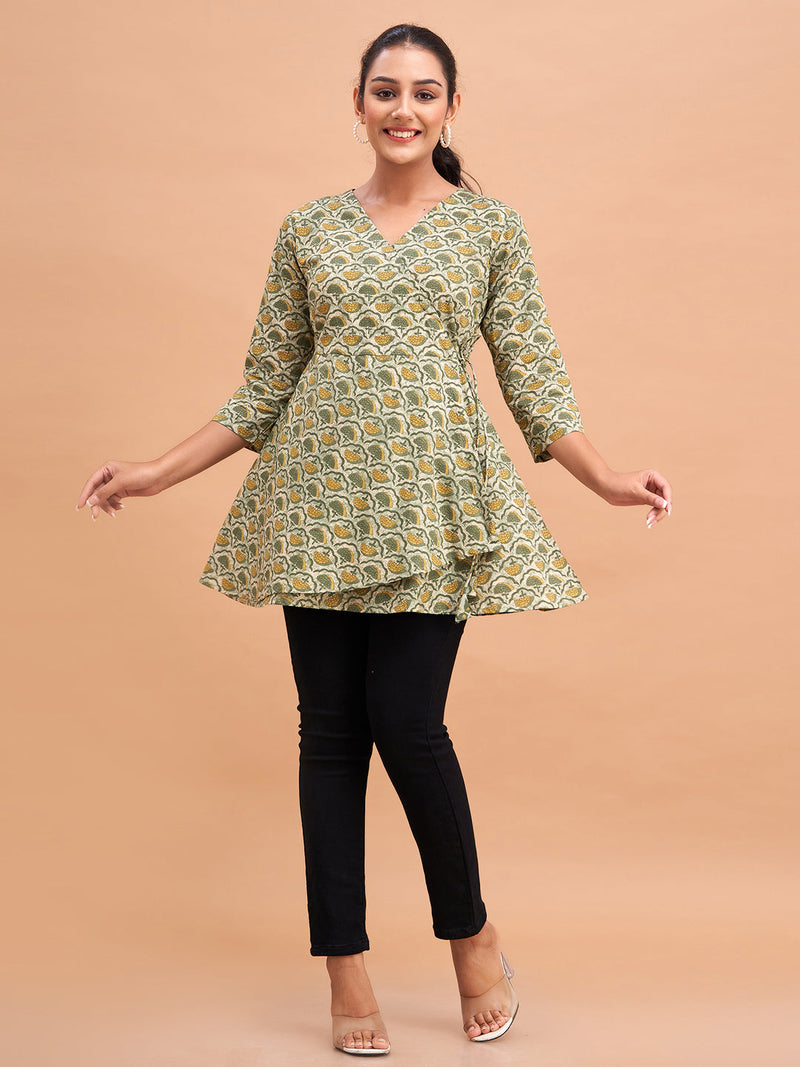 Floral Printed V-Neck Pure Cotton Angrakha A-Line Kurti