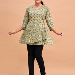 Floral Printed V-Neck Pure Cotton Angrakha A-Line Kurti
