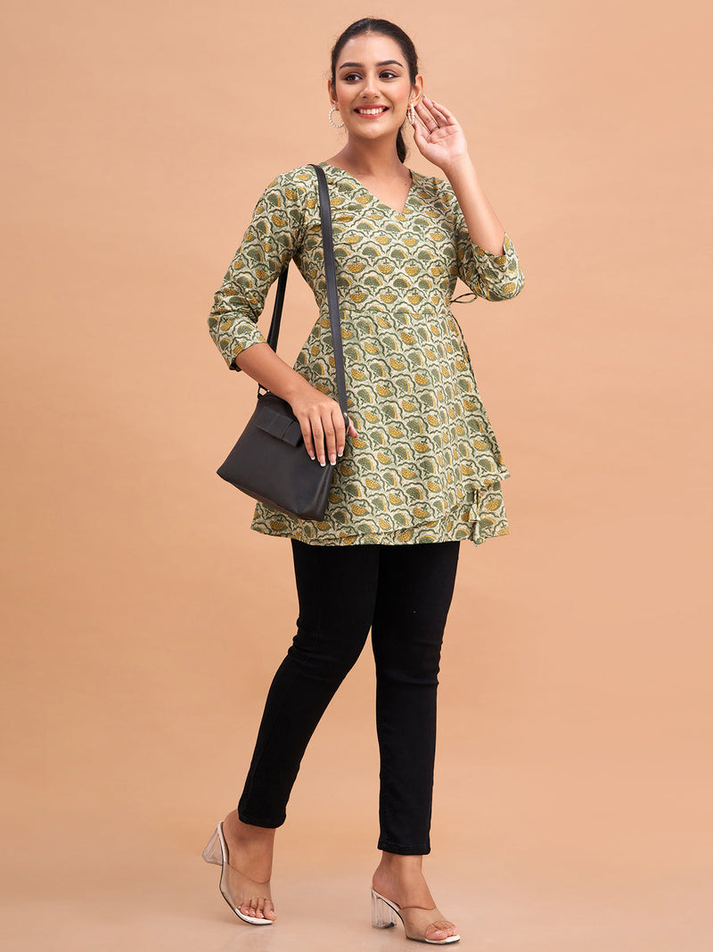 Floral Printed V-Neck Pure Cotton Angrakha A-Line Kurti
