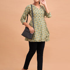 Floral Printed V-Neck Pure Cotton Angrakha A-Line Kurti