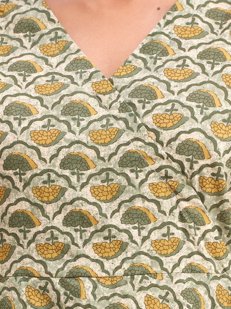 Floral Printed V-Neck Pure Cotton Angrakha A-Line Kurti
