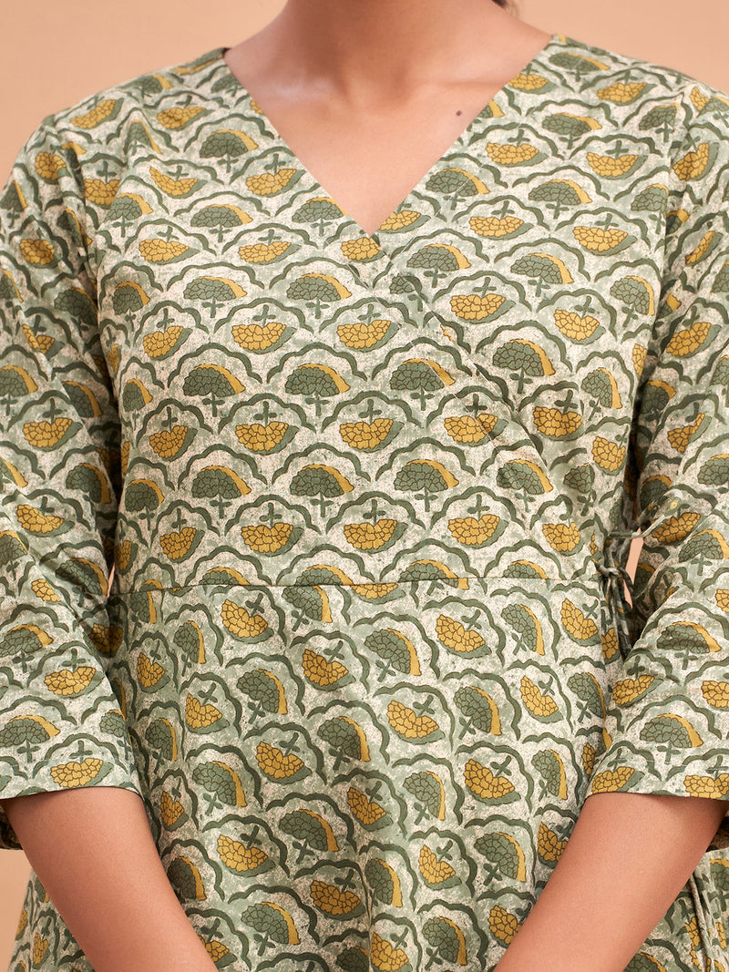 Floral Printed V-Neck Pure Cotton Angrakha A-Line Kurti