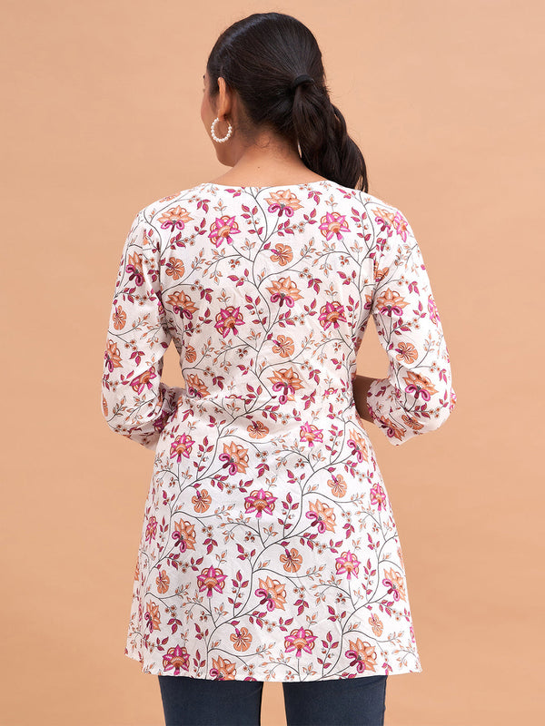 Floral Printed V-Neck Pure Cotton Angrakha A-Line Kurti