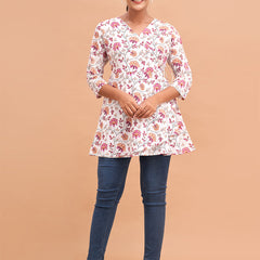 Floral Printed V-Neck Pure Cotton Angrakha A-Line Kurti