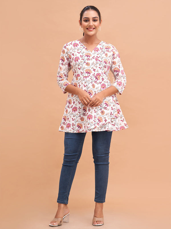 Floral Printed V-Neck Pure Cotton Angrakha A-Line Kurti