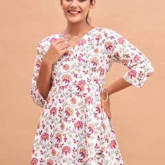 Floral Printed V-Neck Pure Cotton Angrakha A-Line Kurti