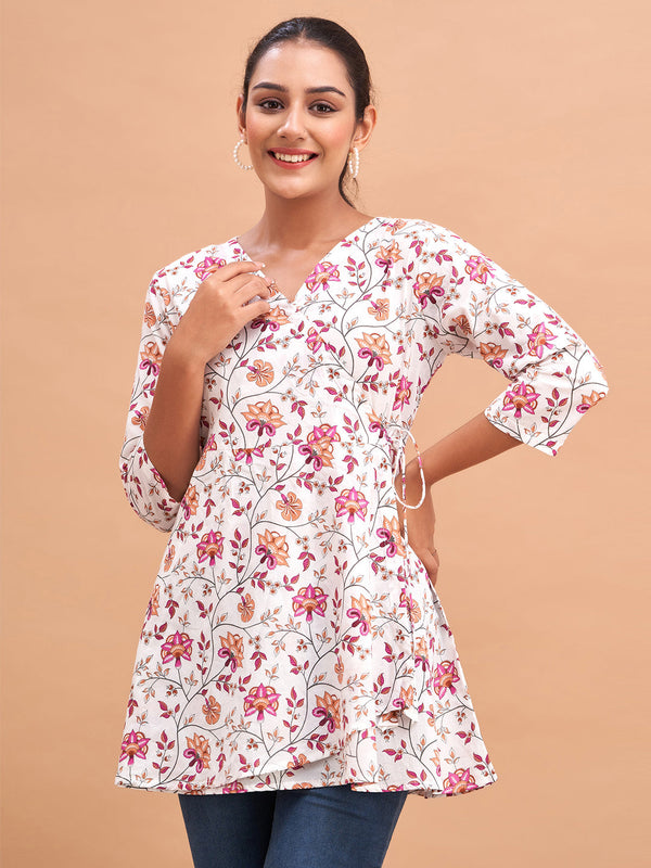 Floral Printed V-Neck Pure Cotton Angrakha A-Line Kurti