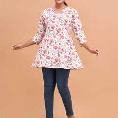 Floral Printed V-Neck Pure Cotton Angrakha A-Line Kurti