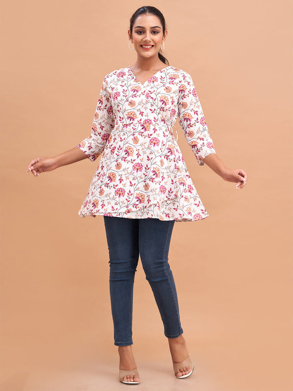 Floral Printed V-Neck Pure Cotton Angrakha A-Line Kurti