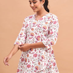 Floral Printed V-Neck Pure Cotton Angrakha A-Line Kurti
