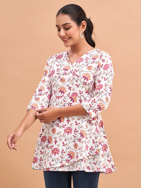 Floral Printed V-Neck Pure Cotton Angrakha A-Line Kurti