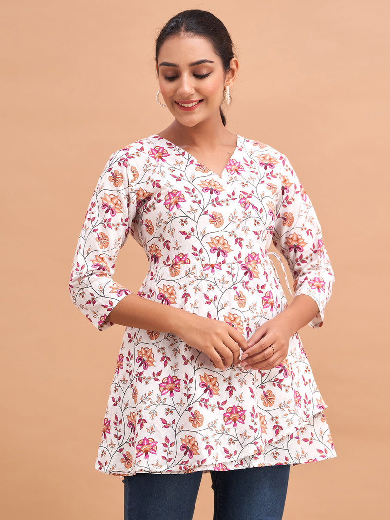 Floral Printed V-Neck Pure Cotton Angrakha A-Line Kurti
