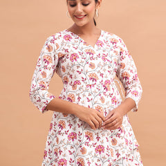 Floral Printed V-Neck Pure Cotton Angrakha A-Line Kurti