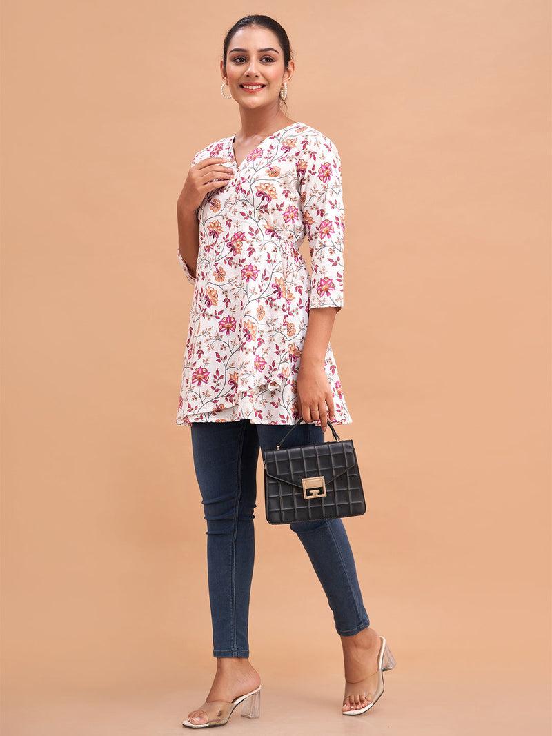 Floral Printed V-Neck Pure Cotton Angrakha A-Line Kurti