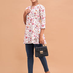 Floral Printed V-Neck Pure Cotton Angrakha A-Line Kurti
