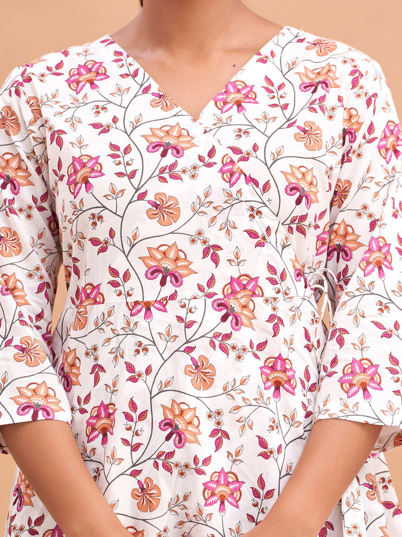 Floral Printed V-Neck Pure Cotton Angrakha A-Line Kurti