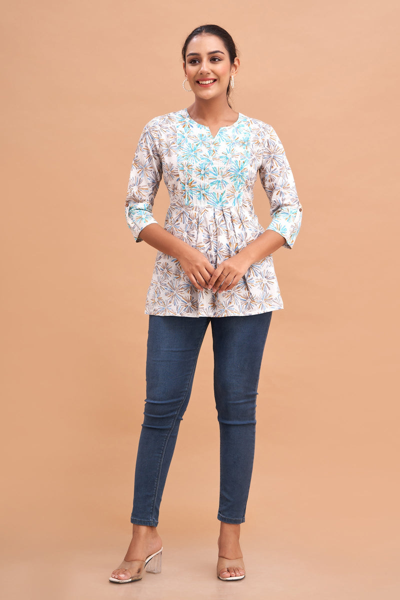 Ethnic Motifs Printed Gathers Cotton Tunic