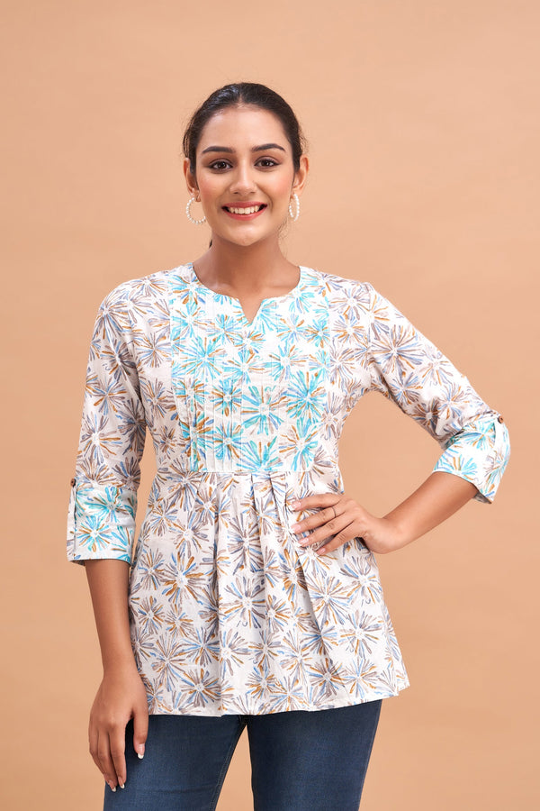Ethnic Motifs Printed Gathers Cotton Tunic