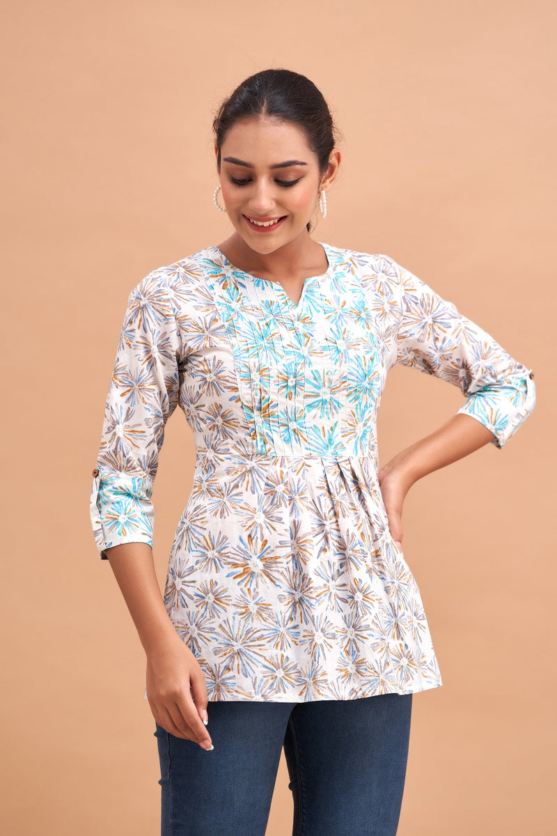 Ethnic Motifs Printed Gathers Cotton Tunic