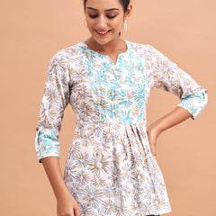 Ethnic Motifs Printed Gathers Cotton Tunic