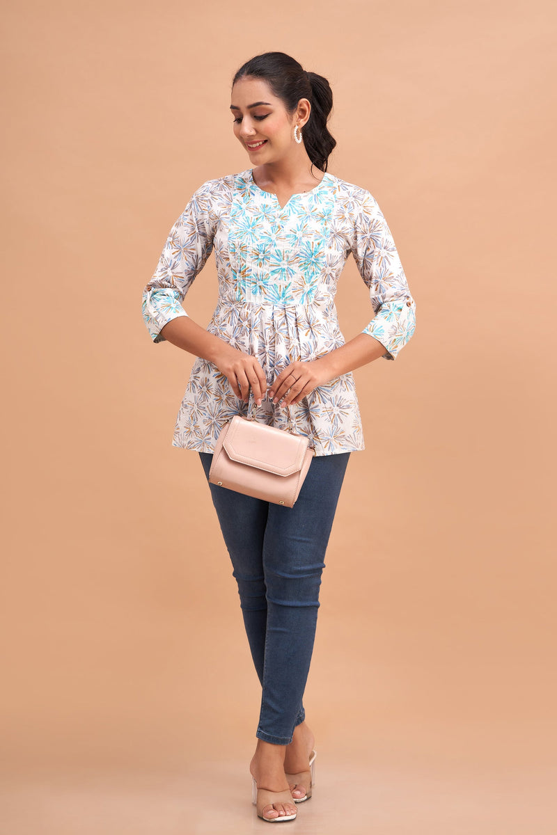 Ethnic Motifs Printed Gathers Cotton Tunic
