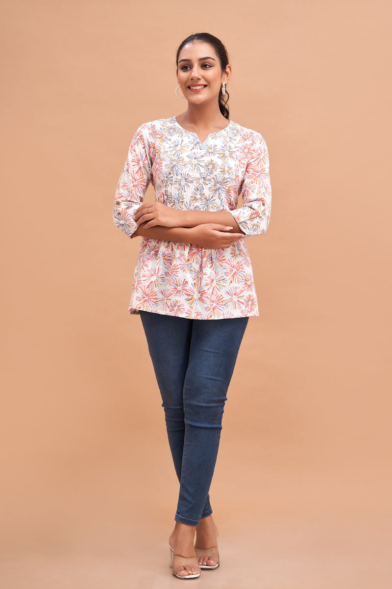 Ethnic Motifs Printed Gathers Cotton Tunic