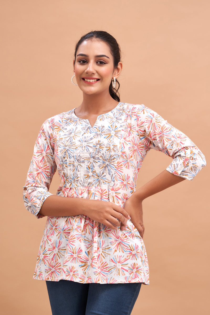Ethnic Motifs Printed Gathers Cotton Tunic